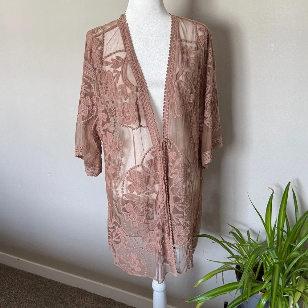 Umgee Sheer Lace Cardigan‎ in Tan/taupe brown SZ S mesh kimono fall festival